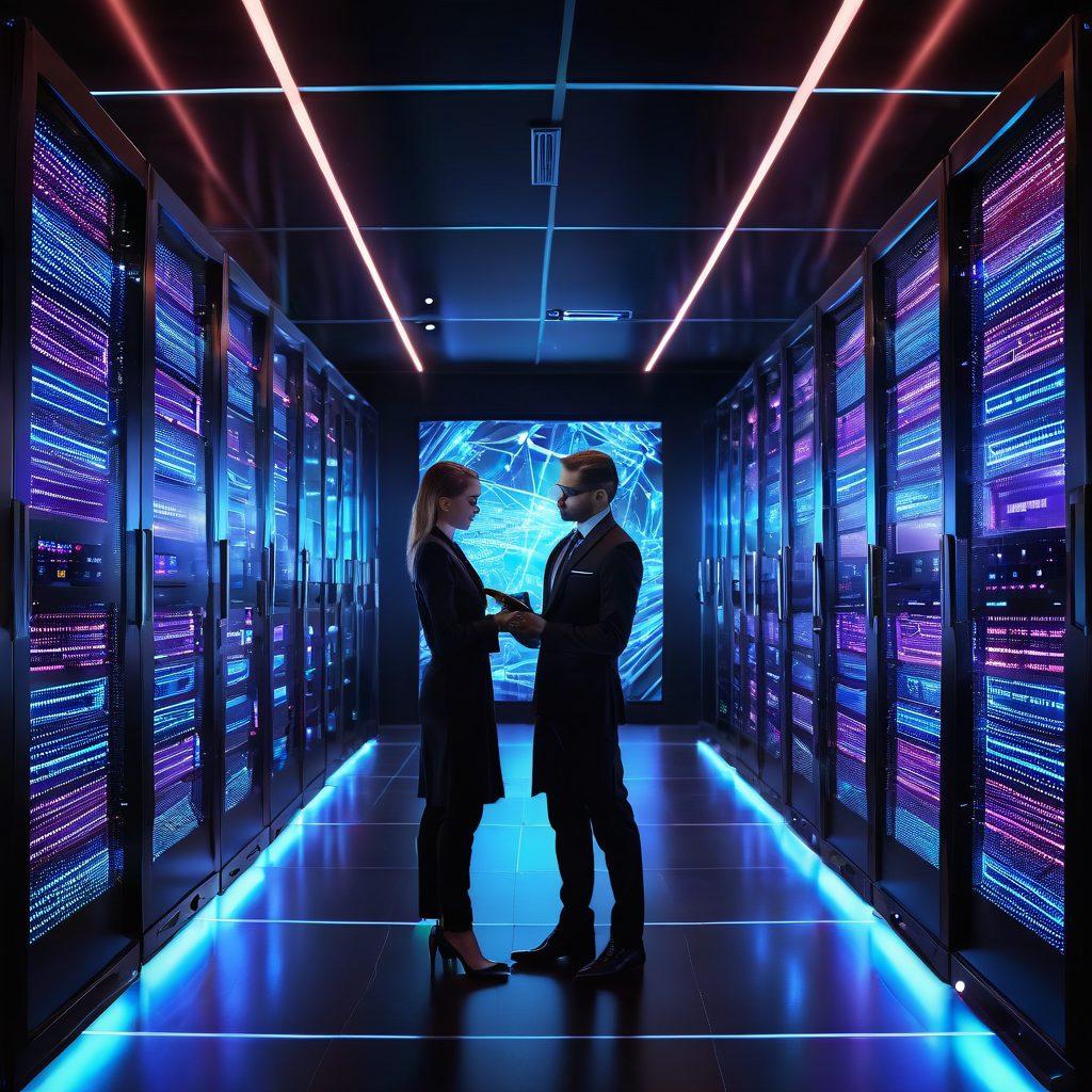A sleek, modern server room filled with glimmering servers and neon LED lights, subtly reflecting an aura of confidentiality and professionalism. The servers are surrounded by a glowing holographic network grid, showcasing seamless and infinite connections. A stylishly dressed professional in the foreground is managing the setup through a futuristic tablet interface, exuding competence and security. super-realistic. vibrant colors. futuristic. high-tech ambience.