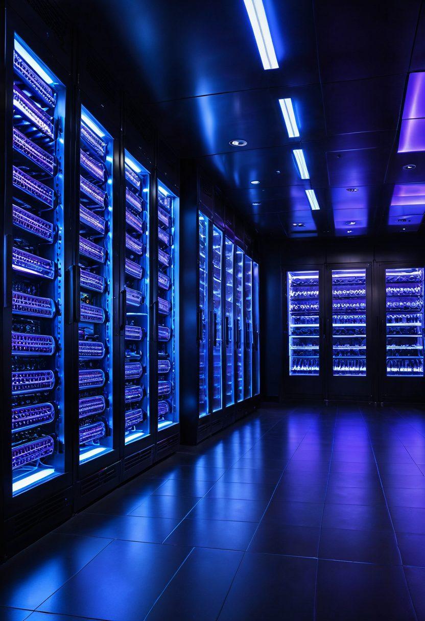 A sleek, modern server room with glowing blue and purple lights, seamlessly blending with elegant, abstract art depicting adult themes. The server racks, adorned with tasteful designs, emanate a sophisticated allure. Abstract silhouettes and soft lighting create an enticing and tasteful ambiance. super-realistic. vibrant colors. elegant. artistic.
